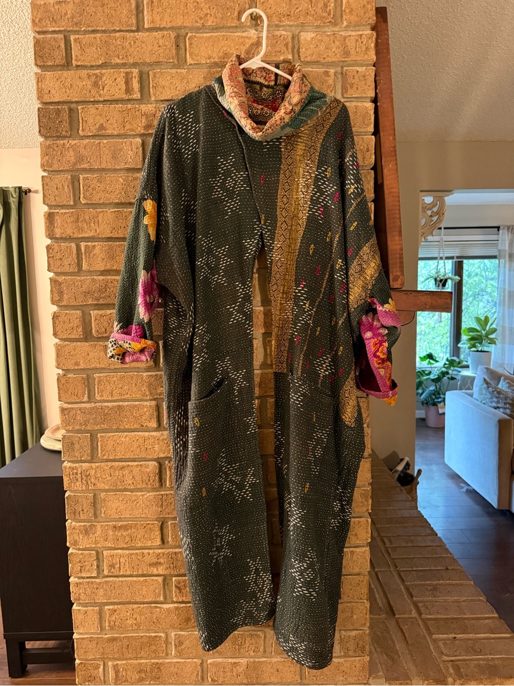 Kantha Bae Cowl Coat- Dark Green Patterned Contrasting Gold Threading